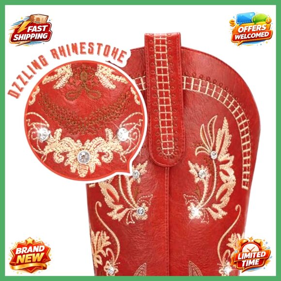 Knee High Western Cowgirl Boots Sparkly Rhinestone Retro Chunky Heel - Picture 4 of 7